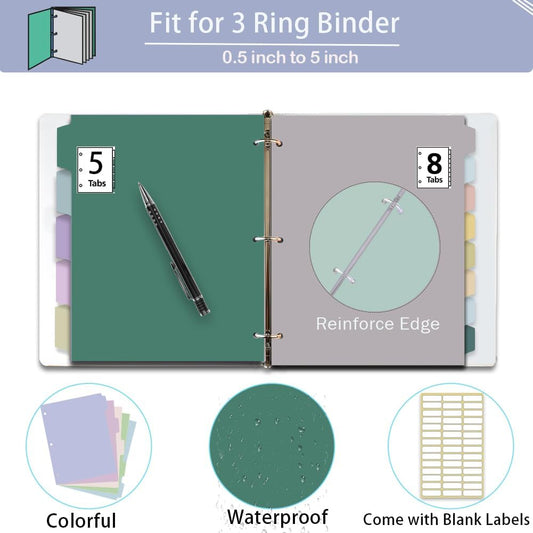 Binder Dividers with Tabs - 8 Index Tabs, Plastic 3 Hole Punch File Dividers for 3 Ring Binder, Letter Size, Durable File Organizer for School Office