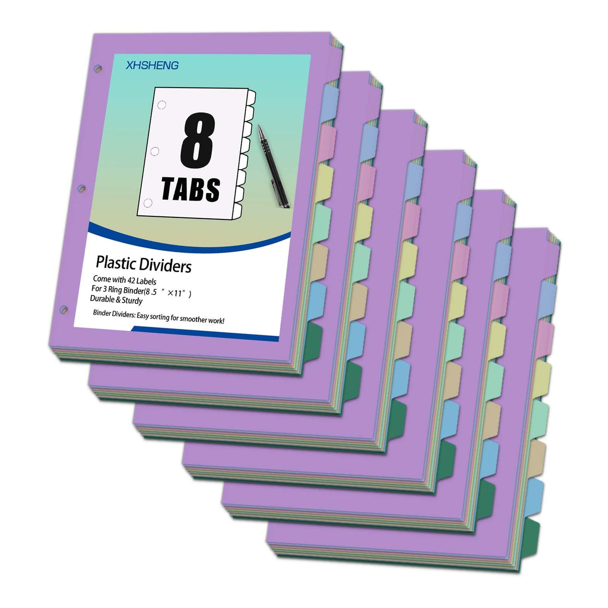 Binder Dividers with Tabs - 8 Index Tabs, Plastic 3 Hole Punch File Dividers for 3 Ring Binder, Letter Size, Durable File Organizer for School Office