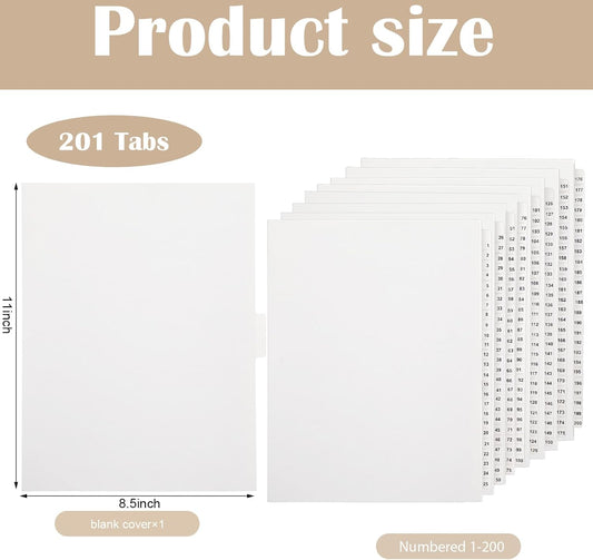 Yeaqee 1-200 Numbered Tab Un Punched Letter Size Divider, White, 1 Set