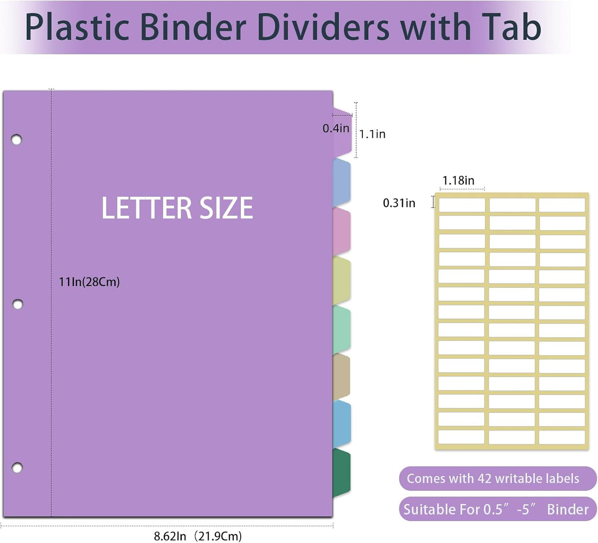 Binder Dividers with Tabs - 8 Index Tabs, Plastic 3 Hole Punch File Dividers for 3 Ring Binder, Letter Size, Durable File Organizer for School Office