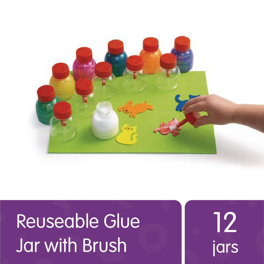 Colorations Glue Jars Set of 12, Empty Glue Bottles with Brushes