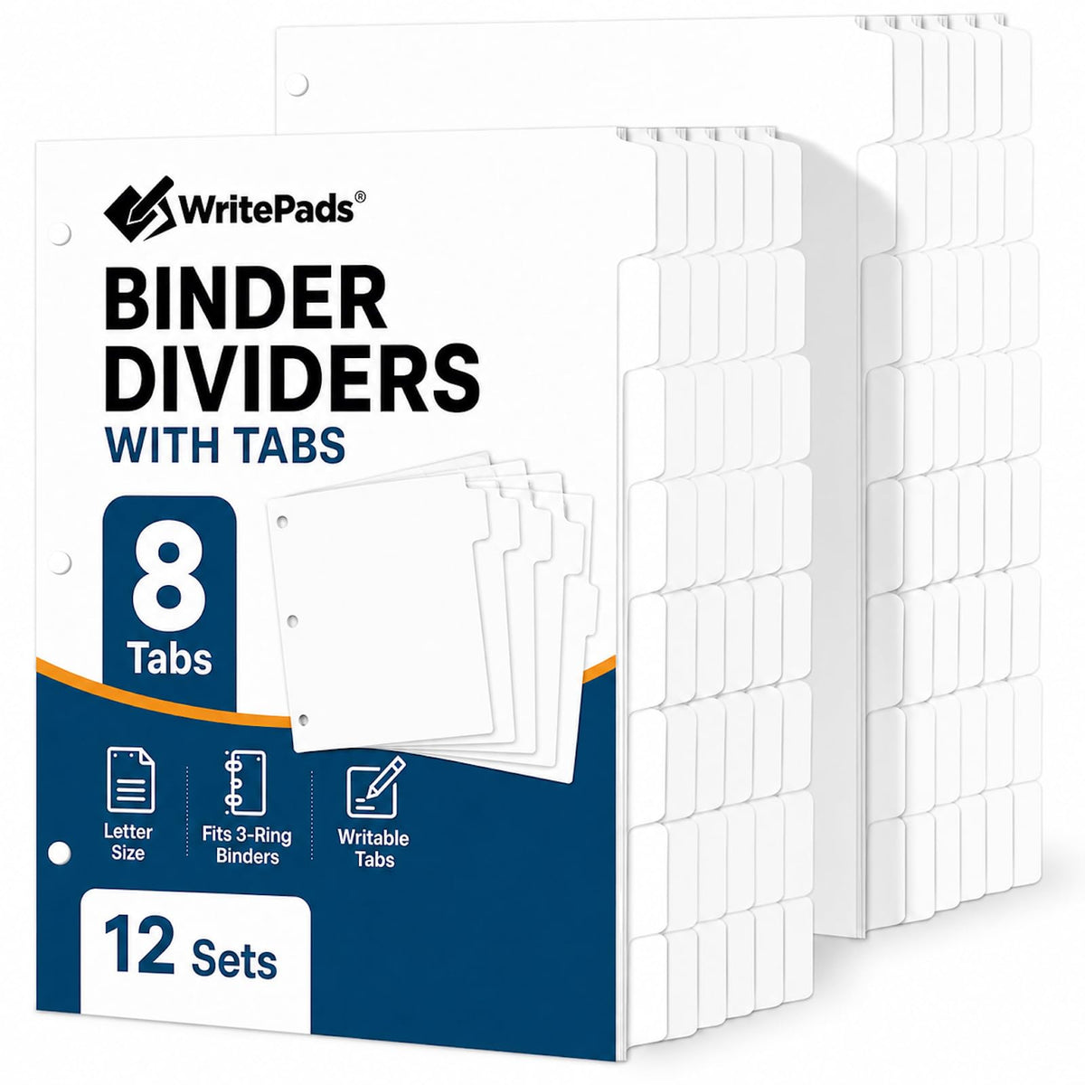 WritePads Binder Dividers with Tabs for 3 Ring Binder, White 8-Tab Index Dividers for 8.5 x 11 Letter Size Pages, Blank Writable Tabs, 12 Sets, 96 Dividers for School, Office & Home