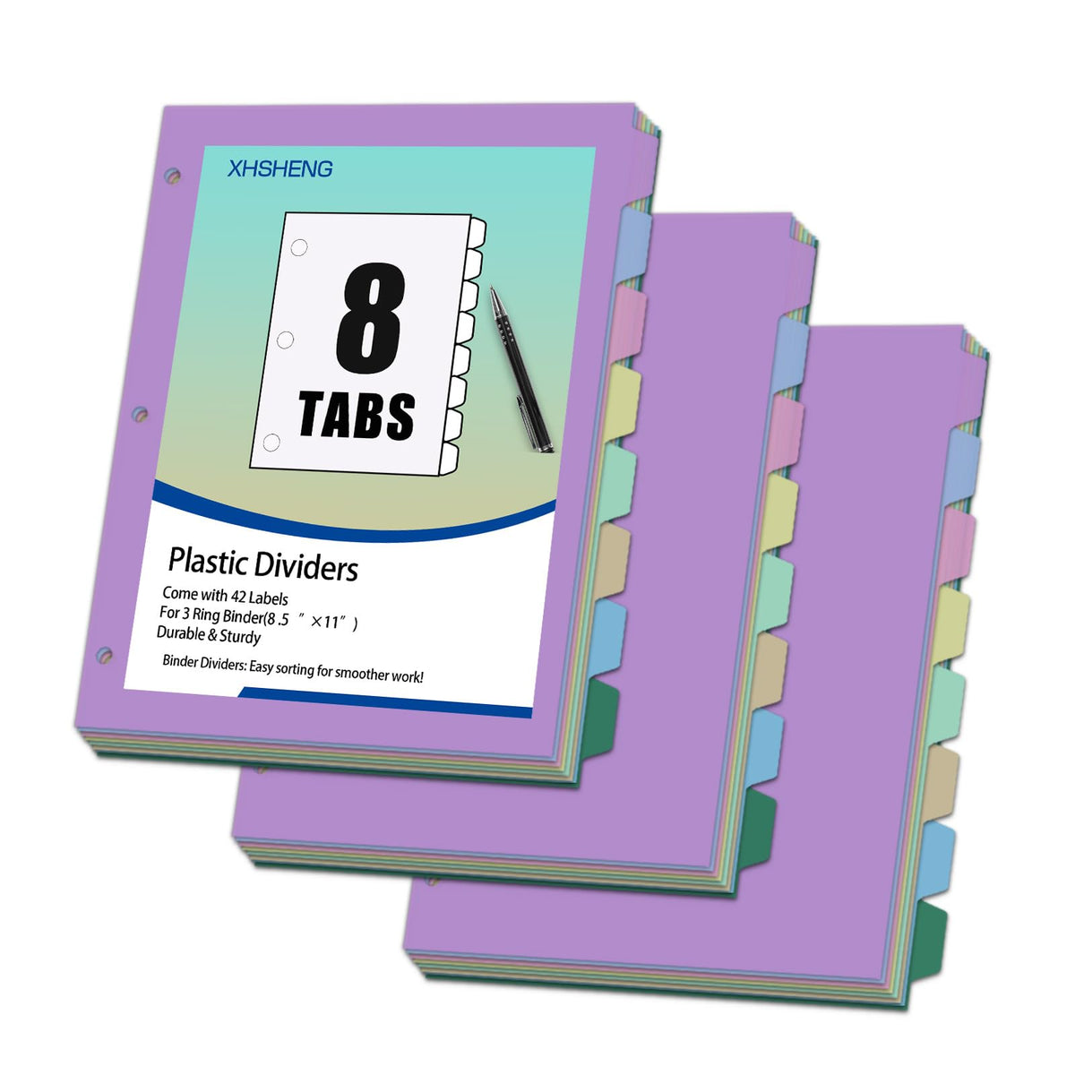 Binder Dividers with Tabs - 8 Index Tabs, Plastic 3 Hole Punch File Dividers for 3 Ring Binder, Letter Size, Durable File Organizer for School Office