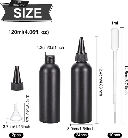 BENECREAT 16Pcs 120ml/4.06oz Black Plastic Squeeze Bottles, Squeeze Condiment Bottles with 2Pcs Funnels and 10Pcs Transfer Pipettes for Ink Tattoo Liquid Painting Glue
