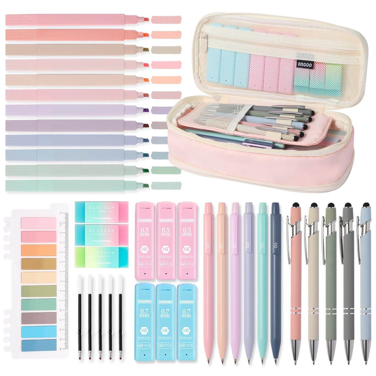 39PCS Aesthetic School Supplies with Cute Pencil Case, 5X Ballpoint Pens with Stylus Tip, 12X Pastel Highlighters, 6X Mechanical Pencil Set 0.5&0.7mm, Suit for Preppy School College Essentials (pink)
