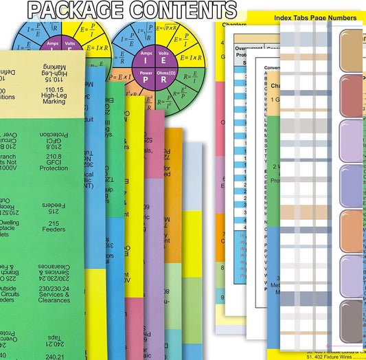 Upgraded 2023 National Electrical Code (NEC) Book Tabs, 140 Color-Coded & Laminated Index Tabs, with Ohm's Law Stickers, Wire Chart & Page Numbers Sheet (Book not Included)