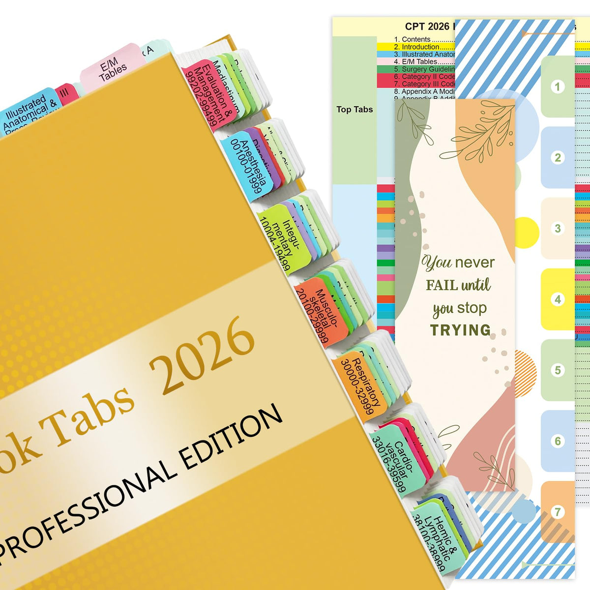 Improved Index Tabs for CPT 2026 Professional Edition, Color-Coded & Laminated CPT Tabs, 90 Printed Tabs with Blank Ones,Alignment Guide and Page Numbers Sheet Included, Tear-Resistant & Waterproof