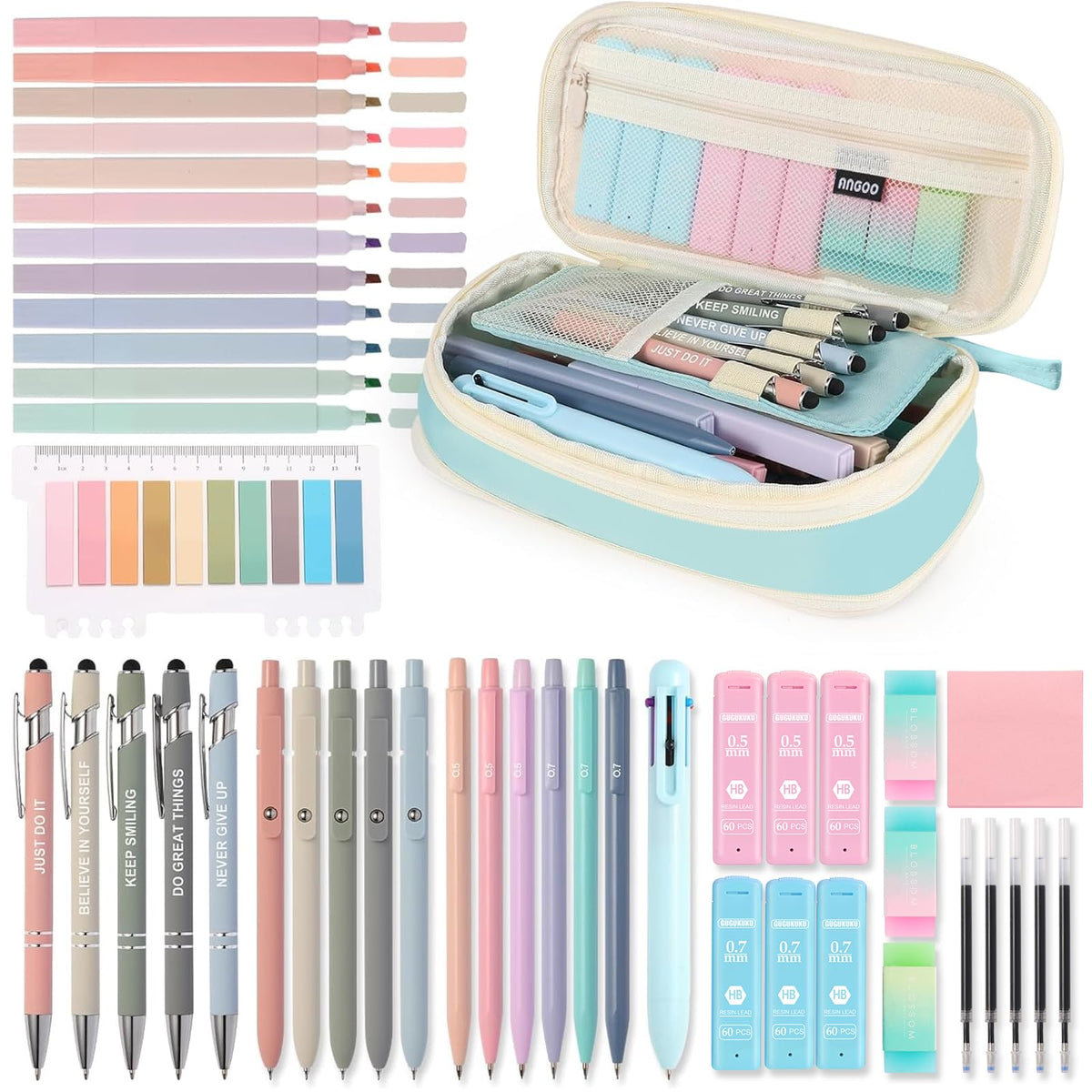 56 PCS Aesthetic School Supplies with Large Pencil Case, 5 Inspirational Ballpoint Pens, 12 Pastel Highlighters, 5 Black Ink Gel Pens, 6 Mechanical Pencils 0.5-0.7mm College Student Essentials (Pink)