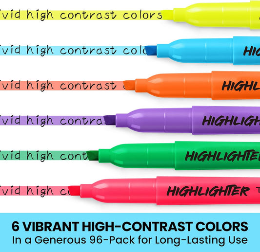 Taja 96 Pack Highlighters, 6 Assorted Colors, Value Bulk Pack, Chisel Tip
