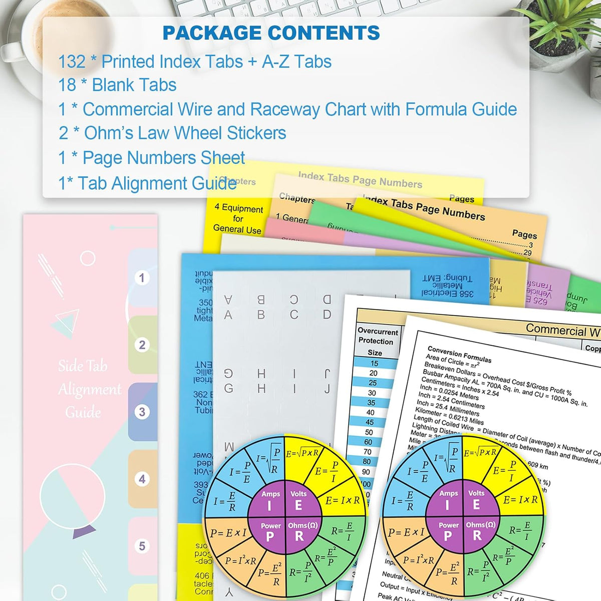 Index Book Tabs for NEC 2026 Code Book, Side + A-Z Tabs, Laminated Durable, Color-Coded, with Wire and Raceway Chart, 2 Ohm's Law Stickers, Page Numbers Sheet & Alignment Guide