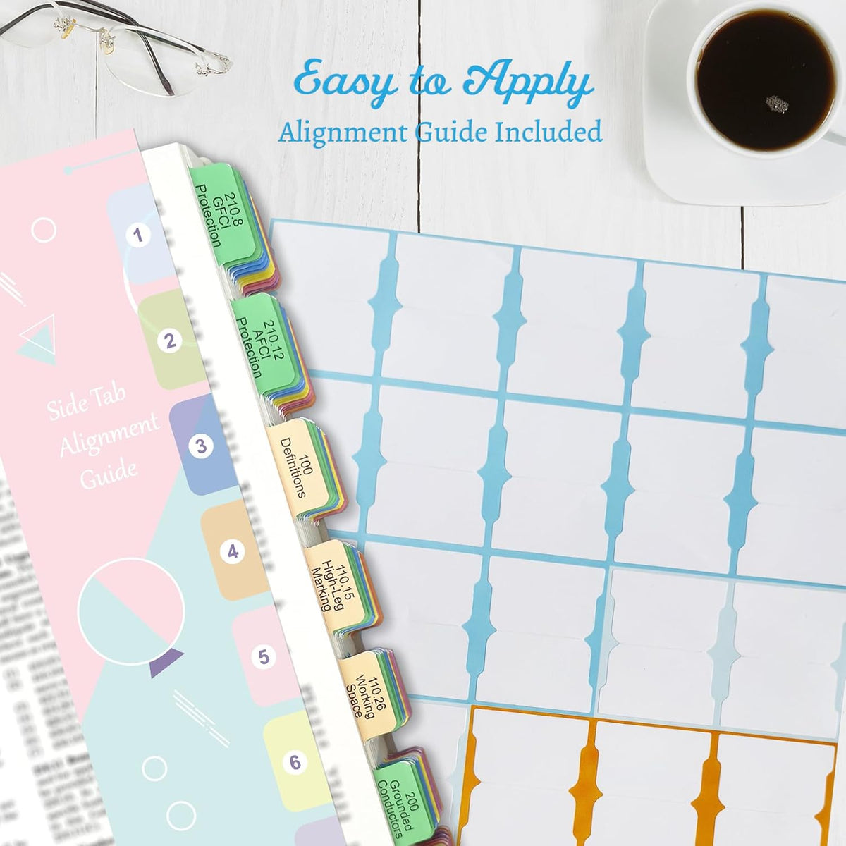 Index Book Tabs for NEC 2026 Code Book, Side + A-Z Tabs, Laminated Durable, Color-Coded, with Wire and Raceway Chart, 2 Ohm's Law Stickers, Page Numbers Sheet & Alignment Guide