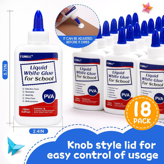 18Pack Washable Liquid White Glue for Kids, 4 fl oz Glue Bottles for School