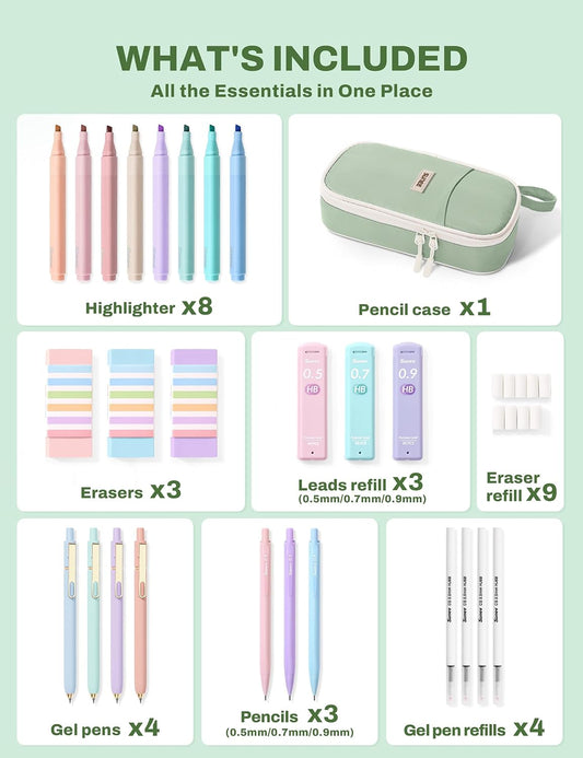 SUNEE Pencil Case with Supplies, 35PCS Aesthetic Stationery Set with Pastel Highlighters, Black Gel Pens, Mechanical Pencils & Refills, College School Supplies for Students Girls, Green