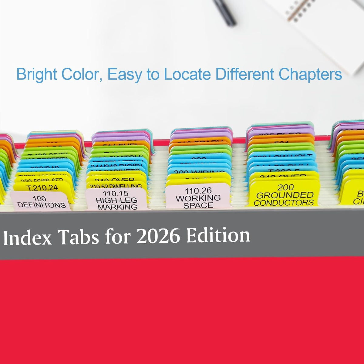 Index Tabs for 2026 NEC Code Book (Book not Included), 134 Printed NEC Tabs with 16 Blank Tabs, Color-Coded and Laminated, with Wire Chart & 2 Ohm's Law Stickers