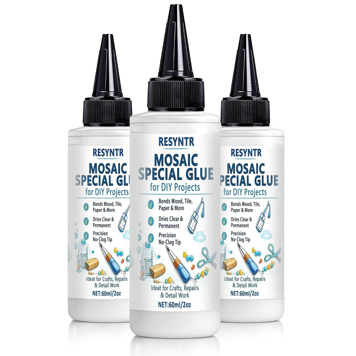3-Pack 60ml Mosaic Glue, Waterproof Adhesive for DIY Crafts – Non-Toxic, Clear Drying, No Drip, for Glass, Ceramic, Wood, Plastic, Indoor & Outdoor Use (180ML)