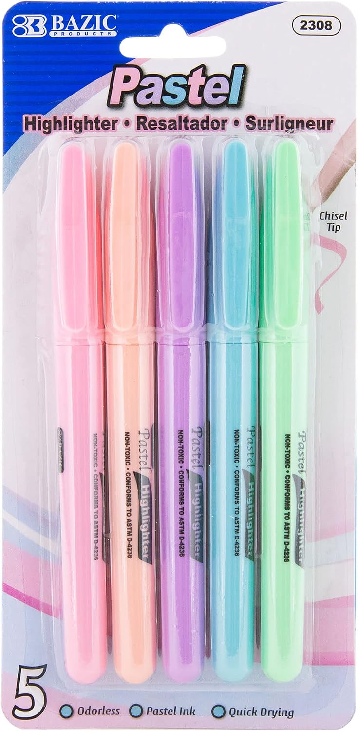 BAZIC PRODUCTS Pen Style Pastel Highlighters, Chisel Tip, Clip, 24-Box