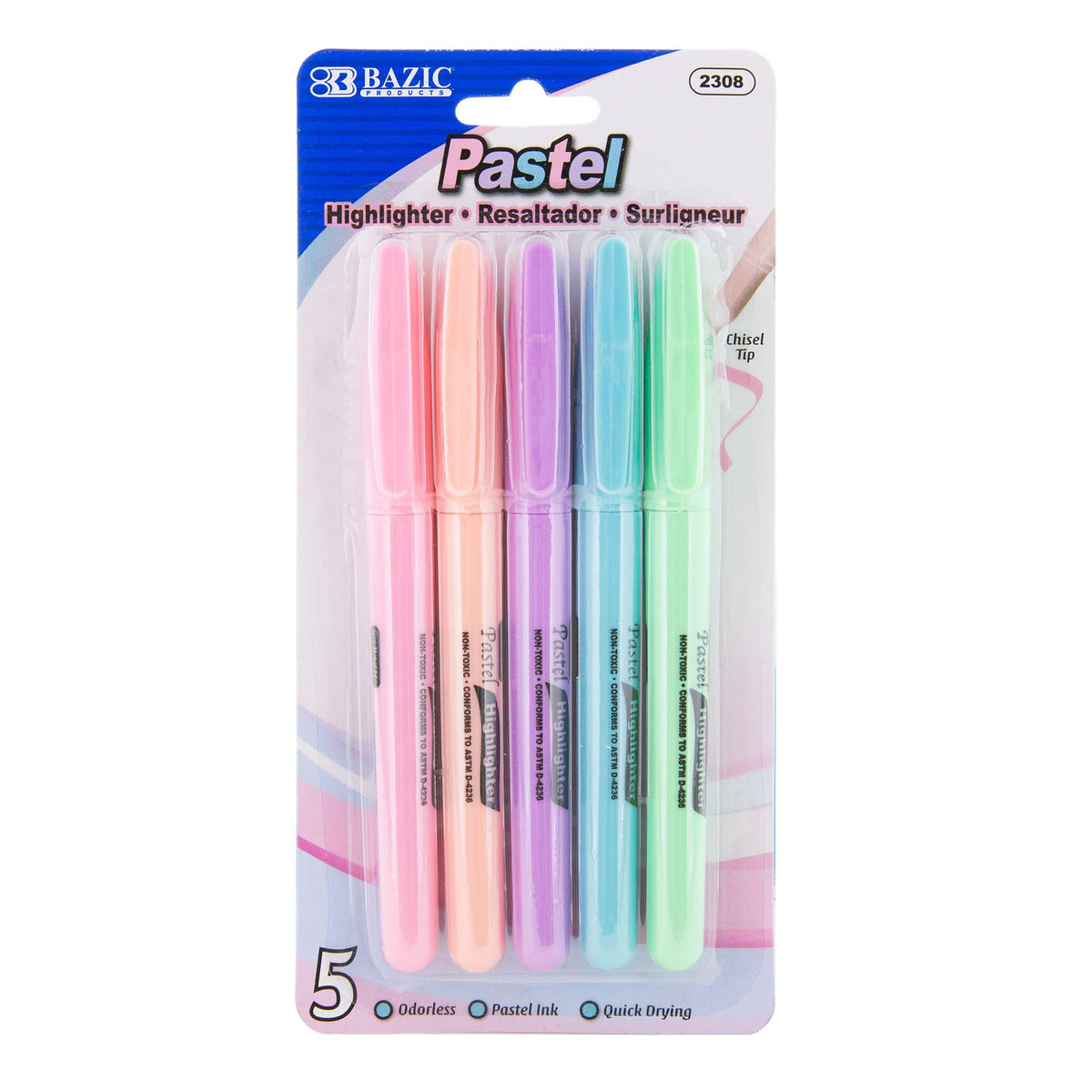 BAZIC PRODUCTS Pen Style Pastel Highlighters, Chisel Tip, Clip, 24-Box