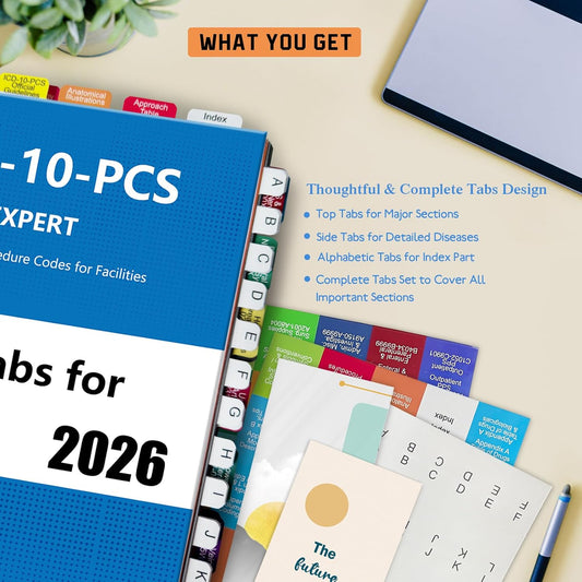 Upgraded Index tabs for ICD-10 -PCS AAPC Version 2026, 126 Book Tabs, Color-Coded with Alignment Card & Page Numbers Sheet & Bookmark, Laminated Durable, Book Not Included