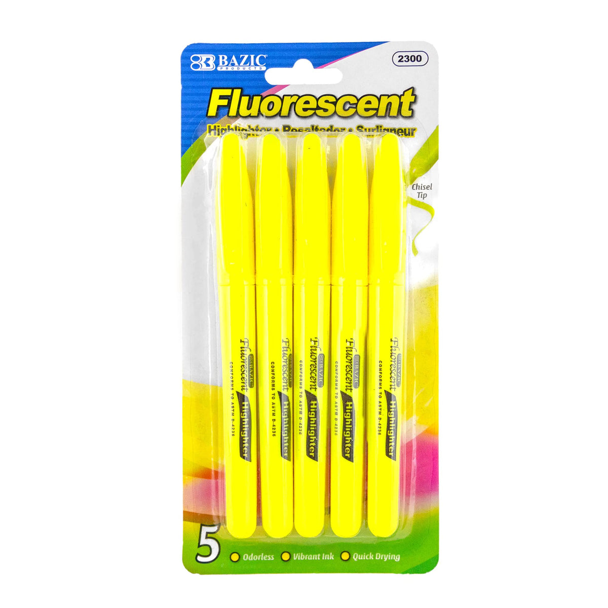 BAZIC PRODUCTS Pen Style Pastel Highlighters, Chisel Tip, Clip, 24-Box