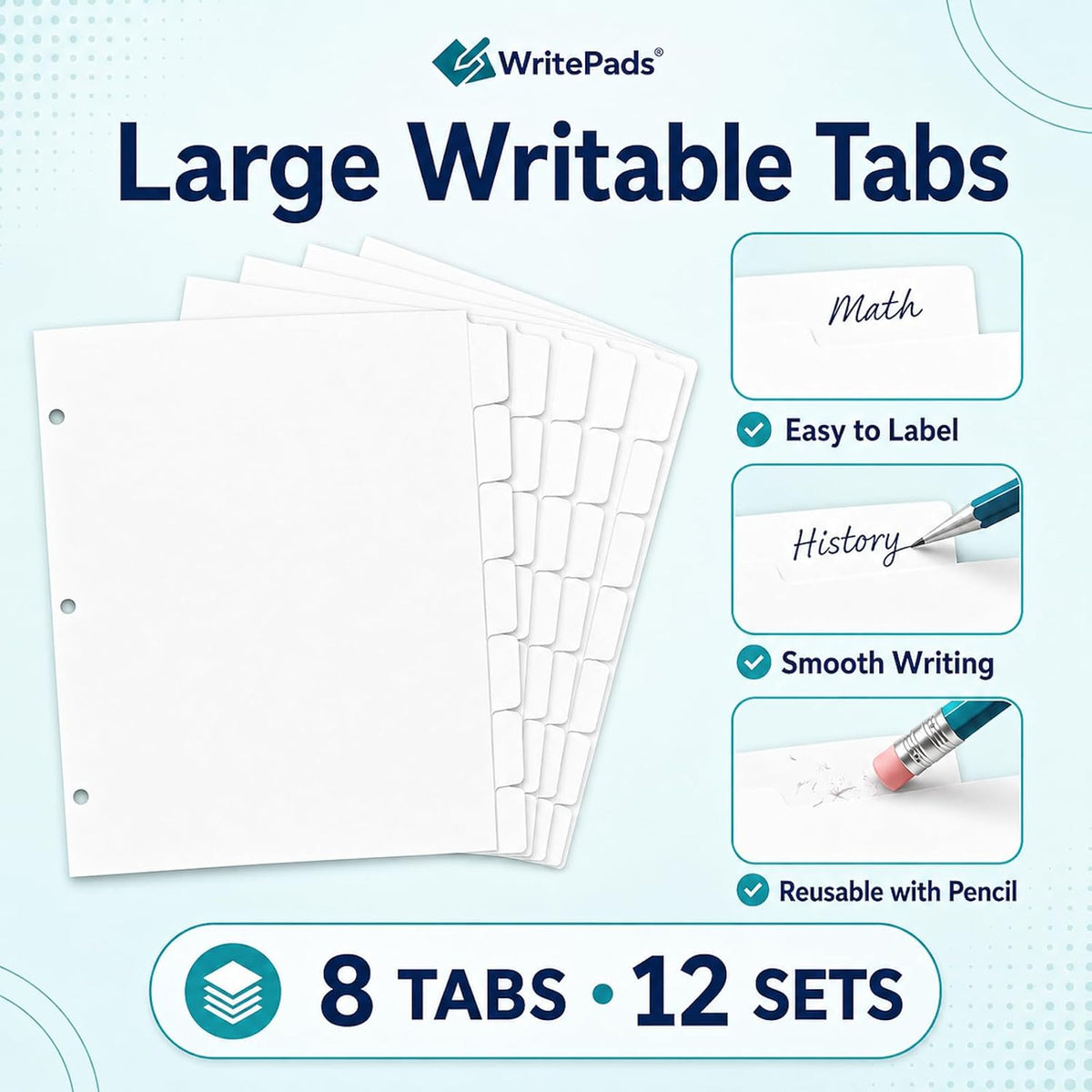 WritePads Binder Dividers with Tabs for 3 Ring Binder, White 8-Tab Index Dividers for 8.5 x 11 Letter Size Pages, Blank Writable Tabs, 12 Sets, 96 Dividers for School, Office & Home