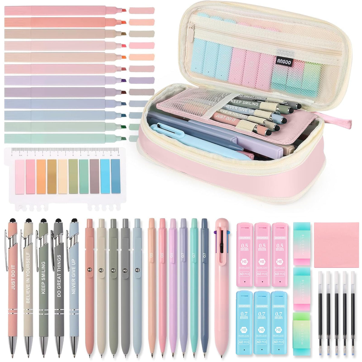 56 PCS Aesthetic School Supplies with Large Pencil Case, 5 Inspirational Ballpoint Pens, 12 Pastel Highlighters, 5 Black Ink Gel Pens, 6 Mechanical Pencils 0.5-0.7mm College Student Essentials (Pink)