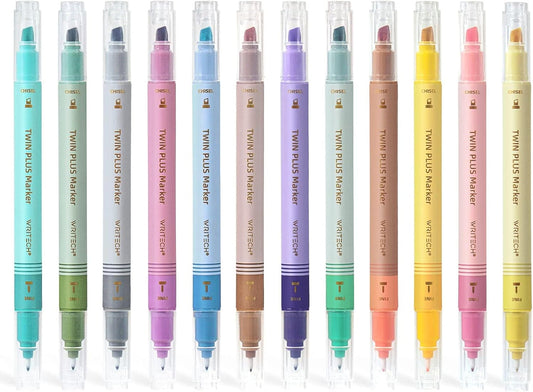 WRITECH Dual Tip Highlighter Markers: Aesthetic Fine & Chisel Tip Pastel Vintage Marker Multicolor Pens Pack No Bleed & Smear for Bible Highlighting Journaling, Assorted Colors 12ct (Pack of 2)