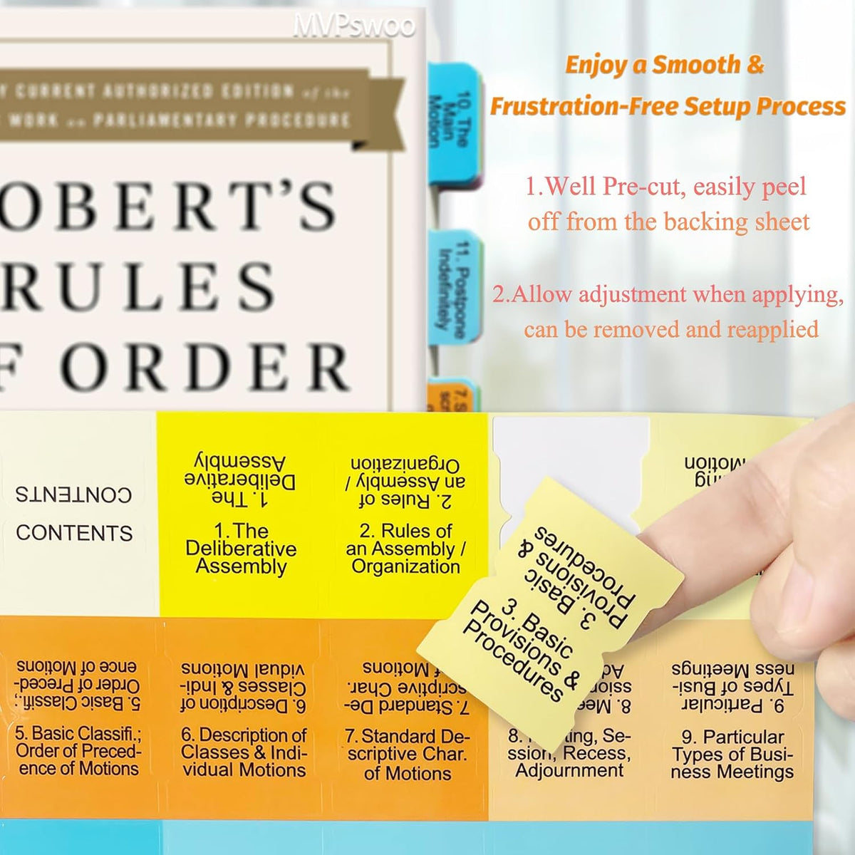 Index Tabs for Robert's Rules of Order Newly Revised, 12th Edition, 90 Color-Coded & Laminated Book Tabs with Alignment Guide (Book Not Included), Repositionable and Long-Lasting