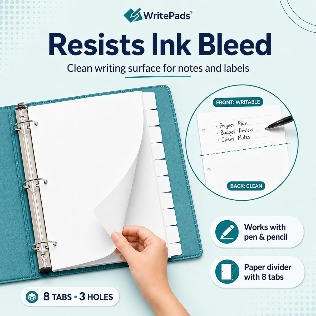 WritePads Binder Dividers with Tabs for 3 Ring Binder, White 8-Tab Index Dividers for 8.5 x 11 Letter Size Pages, Blank Writable Tabs, 12 Sets, 96 Dividers for School, Office & Home