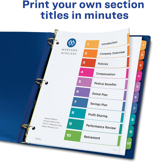 Avery Ready Index Table of Contents Dividers, 10-Tab, Color, 6 Sets