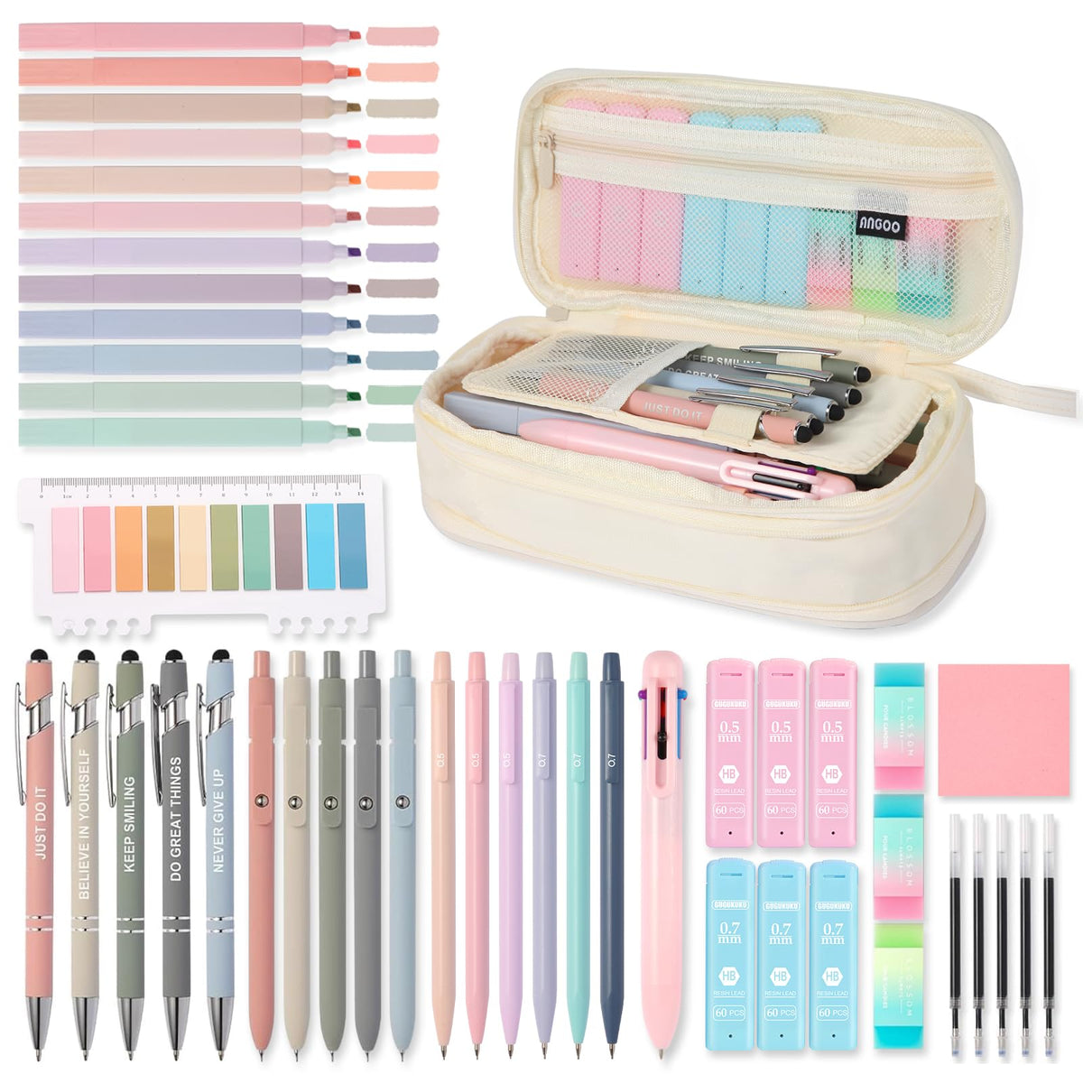56 PCS Aesthetic School Supplies with Large Pencil Case, 5 Inspirational Ballpoint Pens, 12 Pastel Highlighters, 5 Black Ink Gel Pens, 6 Mechanical Pencils 0.5-0.7mm College Student Essentials (Pink)