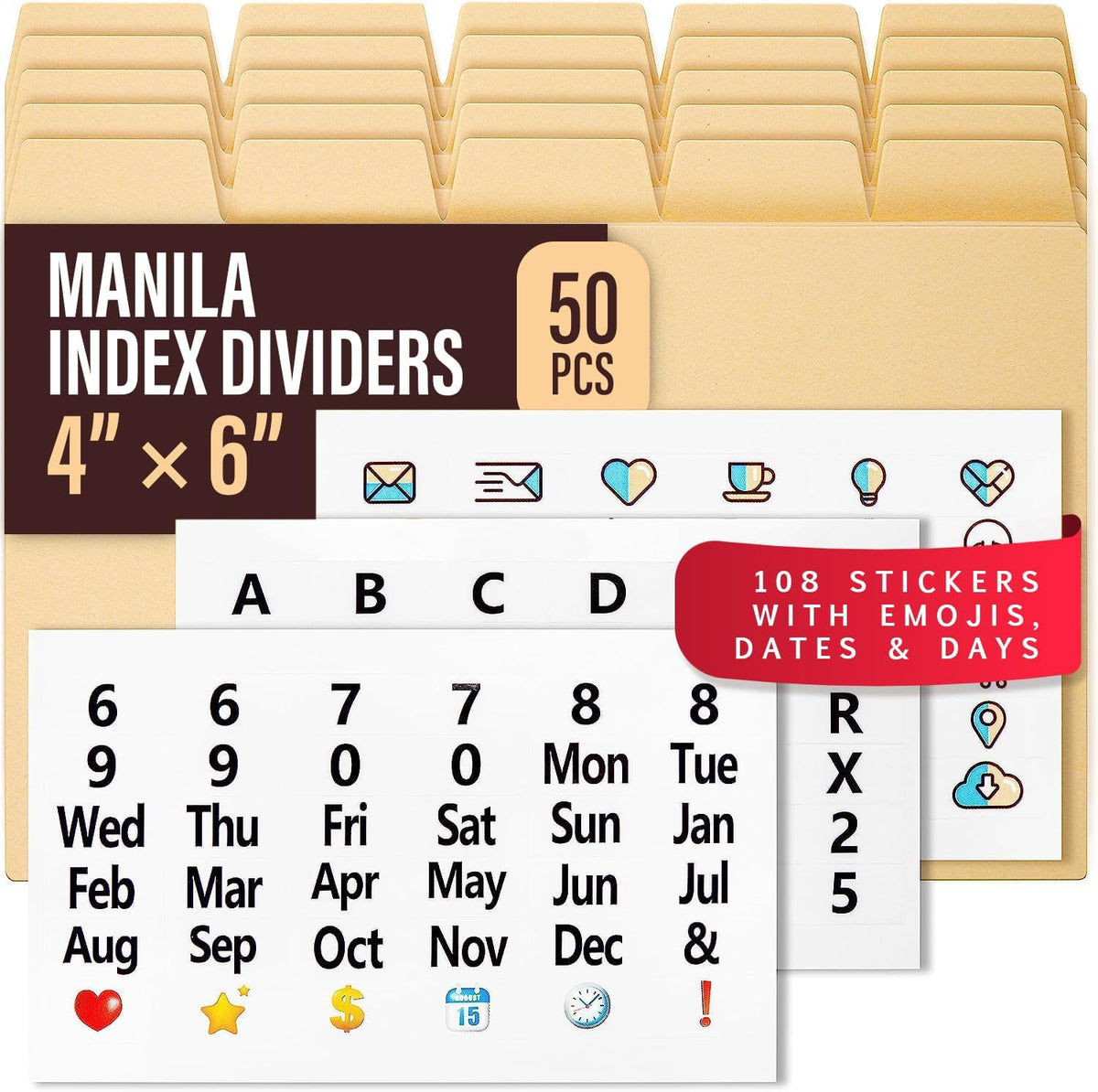 50 Heavyweight Manila Index Card Dividers with Tabs, 4x6 Blank, 108 Stickers - Monthly, Recipe & Greeting Card Dividers