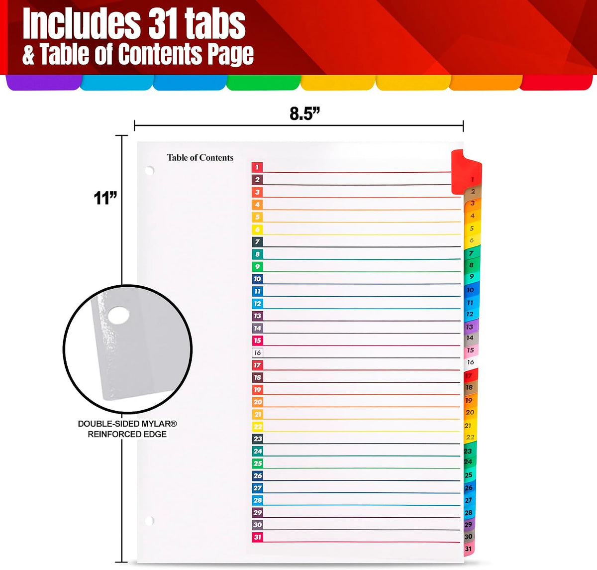 Tab Dividers for 3 Ring Binders – 6 Sets, 1–31 Numbered Index Dividers with Table of Contents – 8.5 x 11 in, 3-Hole Punched – Binder Dividers for School, Office, Filing, Organizing - 6 Pack