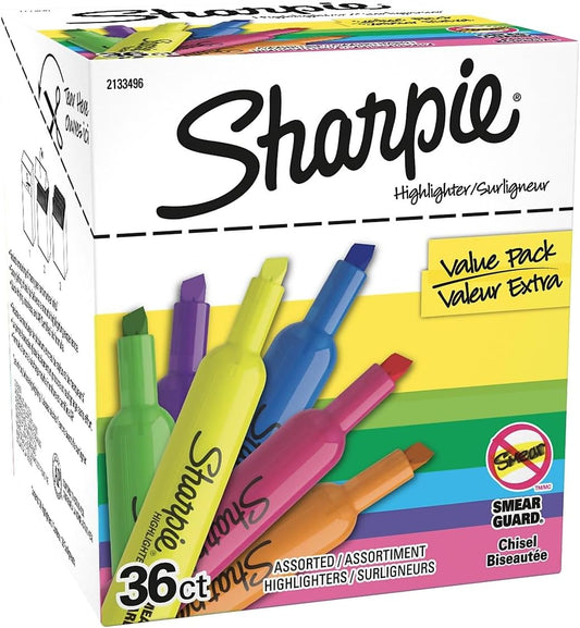 Sharpie Tank Highlighters, Fluorescent And Pastel Highlighters, Chisel Tip, Highlighter Markers Set, Assorted Colors, Value Pack, 36 Count - School, Office, Teacher Supplies