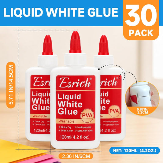 ESRICH 30 Pack White Liquid Glue for Kids, 4.2 fl oz, Slime & School Crafts