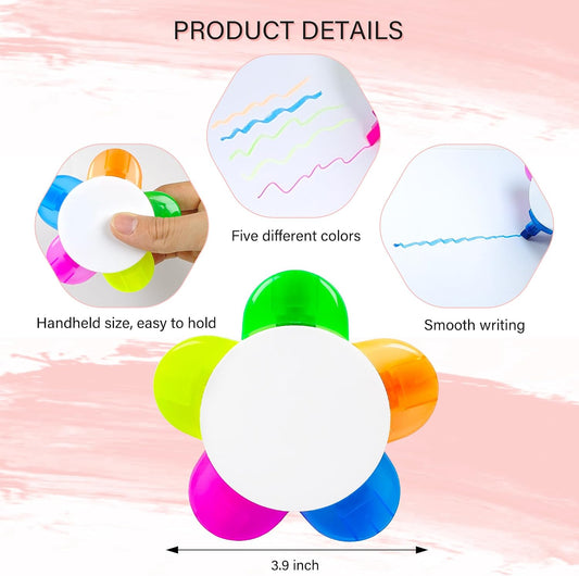 48 PCS Highlighters Assorted Colors 5 in 1, Petal Highlighters Flower Shape Liquid Cute Highlighter Markers Pens Multi Color Fluorescent Neon Highlighter for School Office Stationery Supplies