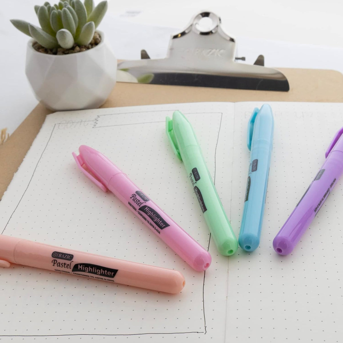 BAZIC PRODUCTS Pen Style Pastel Highlighters, Chisel Tip, Clip, 24-Box