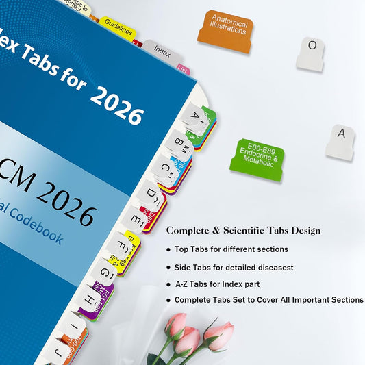 Index Tabs for ICD-10-CM 2026 AMA Version, Complete Book Tabs Set with Blanks and Bookmark, Laminated Color-Coded with Alignment Guide & Page Numbers (Book Not Included)