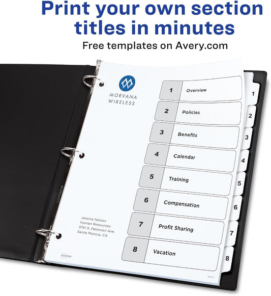 Avery Ready Index Table of Contents Dividers, 8-Tab, White, 6 Sets