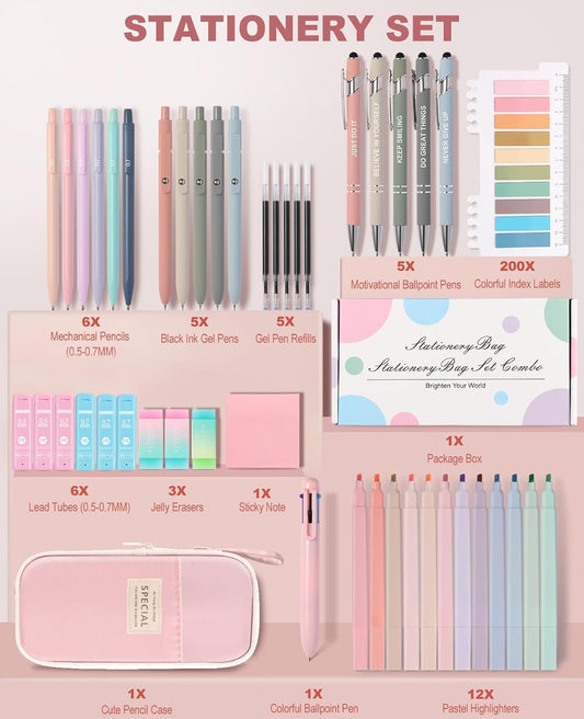 56 PCS Aesthetic School Supplies with Large Pencil Case, 5 Inspirational Ballpoint Pens, 12 Pastel Highlighters, 5 Black Ink Gel Pens, 6 Mechanical Pencils 0.5-0.7mm College Student Essentials (Pink)