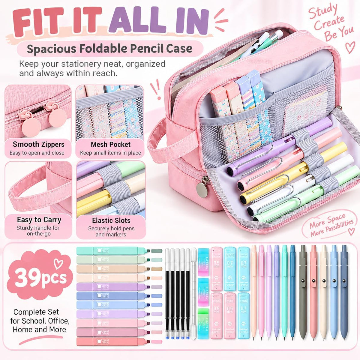 39 PCS Pastel Stationery Set with Foldable Pencil Case, 12 Pastel Highlighters, 6 Mechanical Pencils, 5 Gel Pens, Lead Refills, Gel Pen Refills and Erasers, School Supplies Writing Kit for Students
