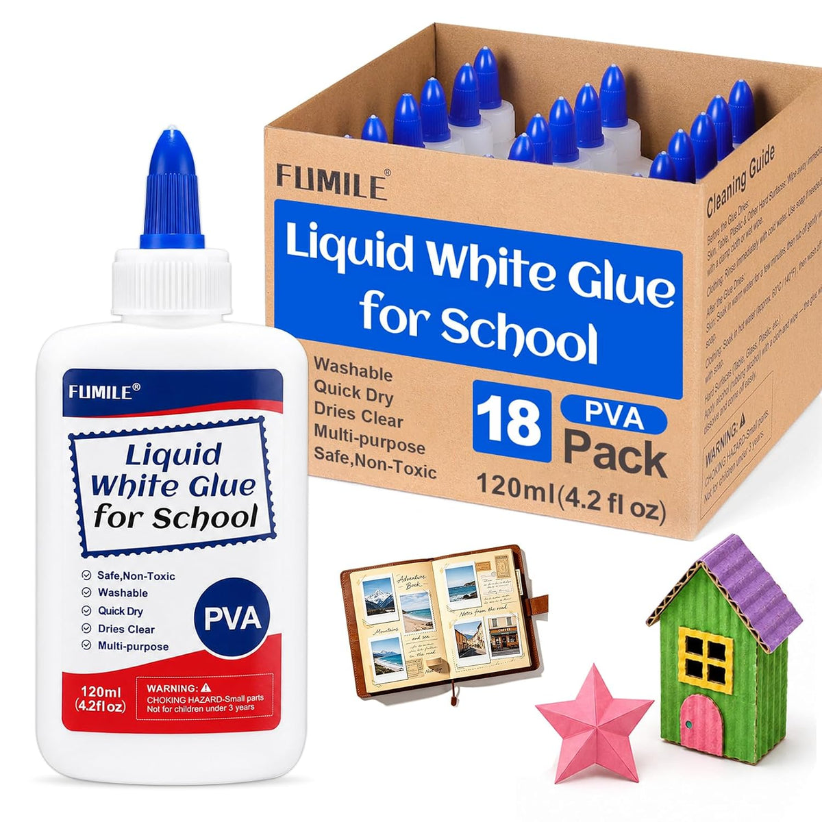 18Pack Washable Liquid White Glue for Kids, 4 fl oz Glue Bottles for School