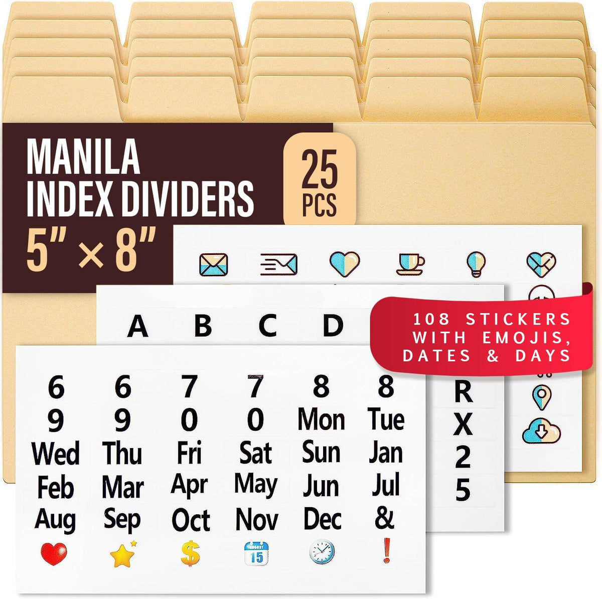 25 Heavyweight Manila Index Card Box Dividers with Tabs & 108 Stickers, Alphabetical File Dividers for 5x8 Index Card Box