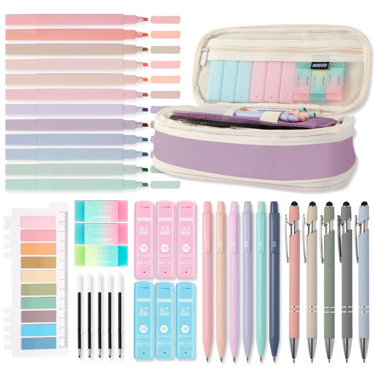 39PCS Aesthetic School Supplies with Cute Pencil Case, 5X Ballpoint Pens with Stylus Tip, 12X Pastel Highlighters, 6X Mechanical Pencil Set 0.5&0.7mm, Suit for Preppy School College Essentials (pink)