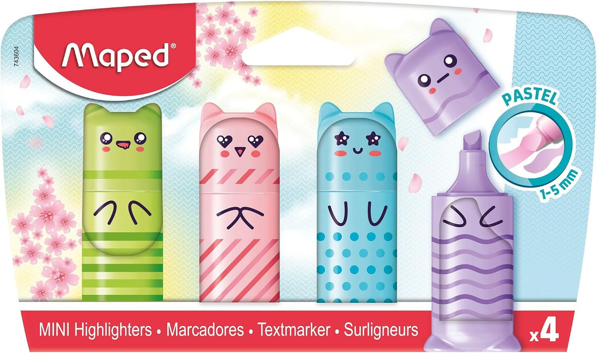 Maped - Pastel Mini Highlighters - Pocket Highlighters in Character Shape - 4 Pastel Colours: Green, Blue, Pink and Purple