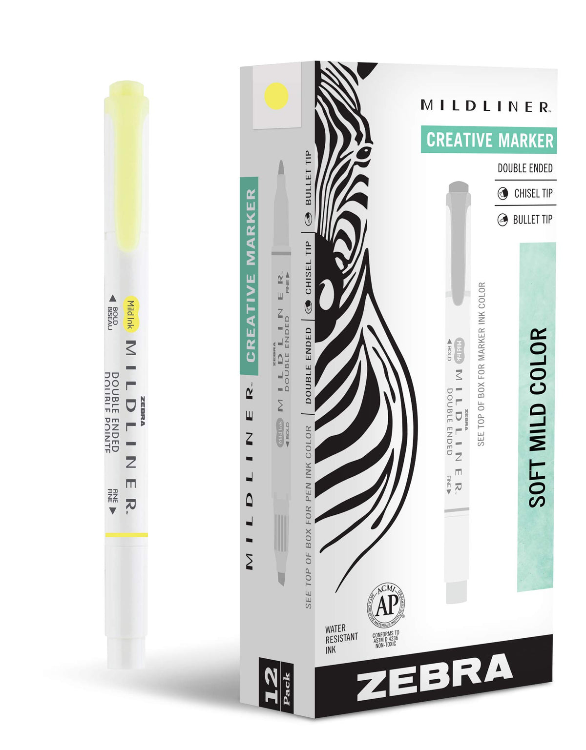 Zebra Pen MILDLINER No Bleed Highlighter, Lemon Yellow, Dual Tip, 12-Pack