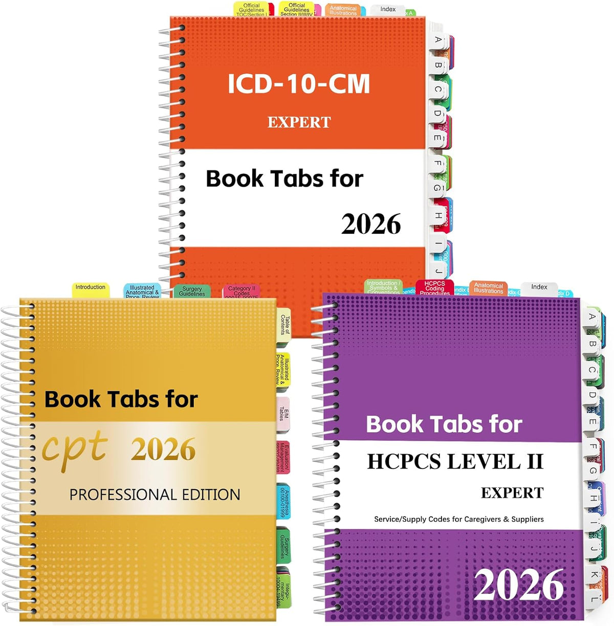 Index Tabs for CPT, AAPC Version ICD-10-CM & HCPCS Level II 2026, 3 Set Bundle, Complete Book Tabs Set (Book not Included), Color-Coded with Code Ranges, Laminated & Waterproof & Repositionable