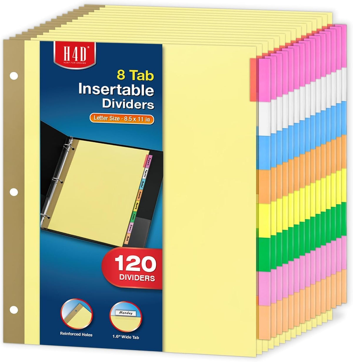 H4D 120 Pack Insertable Binder Dividers with 8 Tabs for 3-Ring Binder