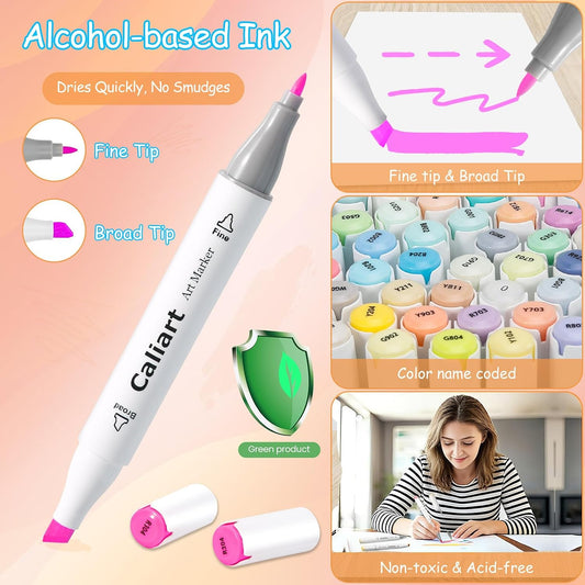 Caliart Pastel Alcohol Markers 61 Colors Fine & Chisel Dual Tip Art Markers