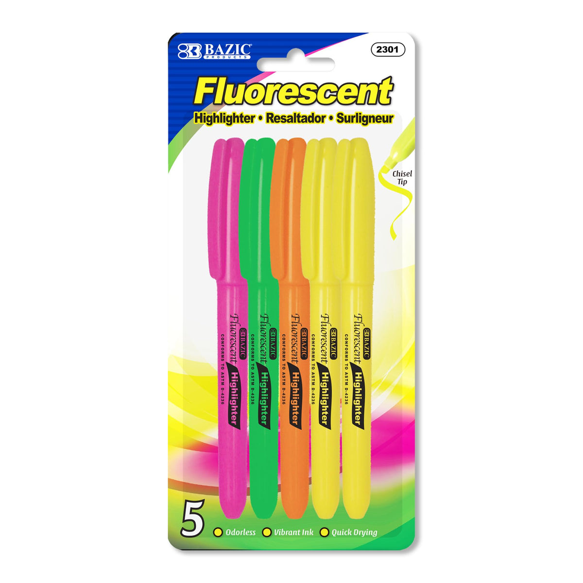 BAZIC PRODUCTS Pen Style Pastel Highlighters, Chisel Tip, Clip, 24-Box