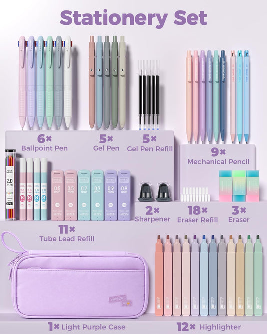 Four Candies 56 PCS School Supplies with Cute Pencil Case (Light Purple)